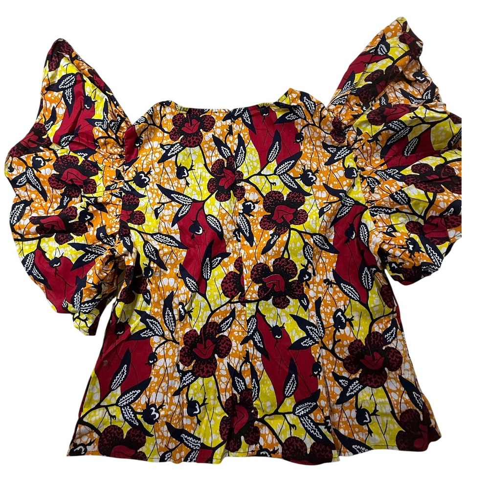 Shenbolen African Print Ruffle Sleeve Floral Top Yellow Red 4XL NEW